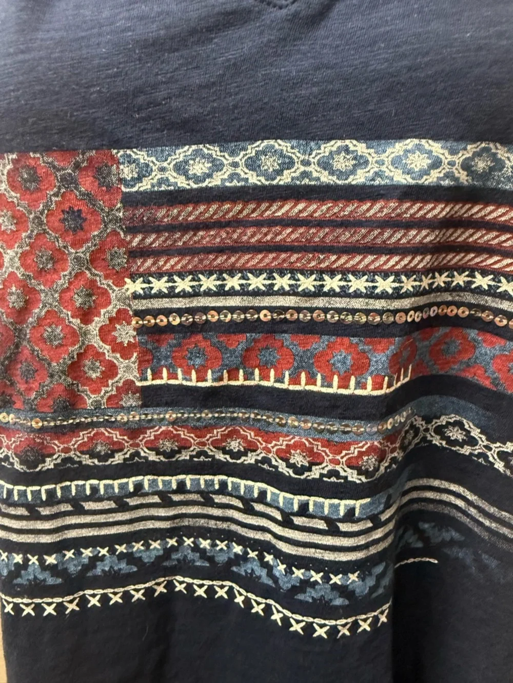 Catherines 1X Navy V Neck Graphic Tee Boho Stripe Print Plus Size Top - Picture 3 of 10